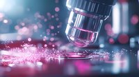 Microscope lens examining pink glowing particles on glass slide against blurred bokeh background, scientific research concept in laboratory setting.