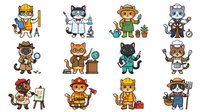 Cartoon animal characters wearing various professional uniforms and holding job-related tools. Set includes cats, bears, and dogs dressed as construction worker, chef, doctor, farmer, painter, mechanic, and firefighter. Isolated clipart suitable for educational materials, children's books, and design projects.
