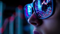 Stock market data and trading charts reflected in sunglasses against dark background with neon blue and pink lights creating modern financial technology mood.