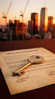 Signed deed of ownership document with golden key on table, urban skyline with construction cranes at sunset in background, real estate and property investment concept.