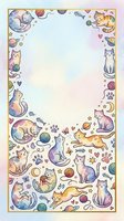 Watercolor cats border frame with pastel rainbow kittens, yarn balls, paw prints, fish bones, hearts, and stars, perfect for stationery and cards.
