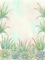 Watercolor succulent and aloe vera frame with pastel green and pink tones, copy space in center for text or design elements.
