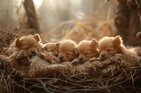 Adorable Pomeranian puppies sleeping together in cozy nest at sunset, warm golden light creating tender atmosphere perfect for pet care and animal love concepts.