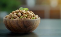 Fresh roasted pistachios in wooden bowl on dark table with blurred background and natural lighting, macro food photography with selective focus.
