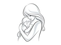 Tender mother holding newborn baby in loving embrace, minimalist line art style on white background for maternal care designs.
