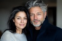 Mature couple embracing indoors, middle-aged man with gray hair and woman with dark hair smiling warmly together in casual sweaters for lifestyle content.