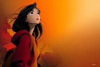 Animated young Asian woman with flowing black hair looking up hopefully against warm orange autumn background, wearing red hoodie.