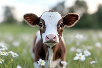 Adorable brown and white calf standing in meadow with blooming daisies, close up portrait showing big eyes and pink nose against blurred natural background.