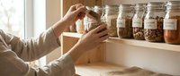 Caucasian woman organizing glass jars with dried herbs, spices and pantry staples on kitchen shelf, reaching for container. Sustainable home storage and meal preparation.