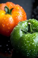 Fresh green and orange bell peppers with water droplets on dark background in macro photography. Vibrant organic produce for healthy cooking and food concepts.