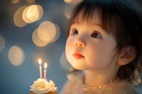 Asian toddler girl looking up at glowing birthday candles on cupcake, soft bokeh lights creating magical atmosphere, childhood wonder captured in warm light.