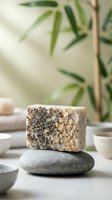 Natural oat and herb soap bar on smooth stone with spa setting, wellness and skincare product for bathing and relaxation routines.