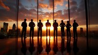 Silhouettes of business team standing against panoramic windows with dramatic sunset cityscape, reflecting floor creates mirror effect in modern office.