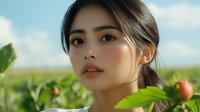 Young Asian woman with natural makeup surrounded by fresh green leaves and strawberry plants in outdoor garden setting for organic skincare concepts.
