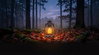 Vintage lantern glowing warmly among autumn leaves in misty forest at twilight creating magical atmospheric scene for camping and outdoor adventure themes.