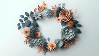 Paper craft floral wreath in dusty blue and coral peach colors with roses, dahlias and delicate foliage on light background. Decorative arrangement.