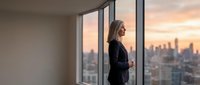 Woman in dark blazer standing by floor-to-ceiling window overlooking city skyline at sunset, contemplative pose, corporate office setting, professional business environment.