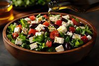 Fresh Mediterranean salad with feta cheese, olives and cherry tomatoes drizzled with olive oil in wooden bowl for healthy dining and restaurant menus.