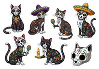 Cats with skull face paint and floral patterns in Day of the Dead style, isolated on white background. Wearing sombreros and holding maracas, perfect for clipart, t-shirt designs, and festive decorations.