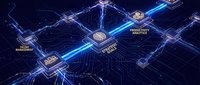 Digital blockchain network with glowing nodes and cryptocurrency connections on dark blue circuit board background for fintech presentations.