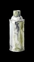 Watercolor spray paint can with push-button cap, featuring muted green, gray, and white tones. Isolated on transparent background, ready for t-shirt designs, stickers, clipart, and print-on-demand products.