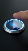 Finger touching futuristic biometric scanner with blue LED light and fingerprint pattern for security authentication and access control technology.