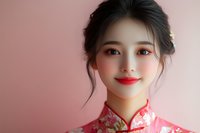 Young Asian woman wearing traditional red floral qipao dress smiling against pink background, with elegant updo hairstyle and bright red lipstick makeup.