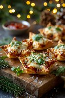Star-shaped pastry appetizers with melted cheese and herbs on wooden board, festive holiday lights bokeh in background.