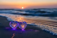 Glowing purple heart-shaped lights on sandy beach at sunset, with gentle waves and orange sky reflecting in ocean water. Romantic seaside atmosphere.