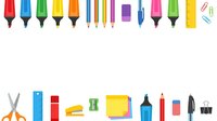 Colorful writing and art supplies including markers, pens, highlighters, sticky notes, scissors, and office accessories isolated on white background for design use.