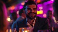 Bearded man in suit smiling at nightclub with colorful neon lights and bokeh background. Elegant male enjoying evening entertainment with drinks on bar counter.