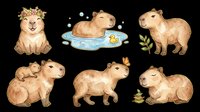Cute capybara clipart set with six poses, isolated on transparent background. Great for stickers, t-shirt design, print on demand, sublimation, and scrapbooking projects.