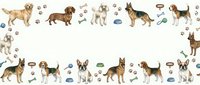 Dog breeds border frame with paw prints, food bowls and toys on white background. Pet care and veterinary design template for animal lovers.