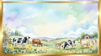 Pastoral farm scene with grazing cattle and sheep in meadow under cloudy sky, countryside landscape with barn and golden frame border.