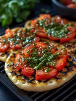 Freshly baked flatbread topped with ripe tomato slices, vibrant green herbs, and charred crust marks, perfect for food photography, restaurant menus, and culinary content.