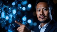 Asian businessman in dark suit pointing at glowing blue bokeh lights and particles, professional portrait against black background with magical atmosphere.