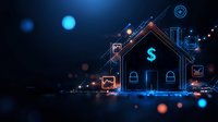 Glowing house outline with dollar sign on dark background featuring digital elements and financial graphs, representing smart home investment and real estate technology.