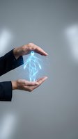 Hands holding glowing digital human hologram with blue light particles, representing healthcare technology, medical innovation, and futuristic wellness solutions for business presentations.