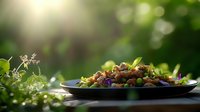 Fresh garden salad with colorful vegetables served on dark plate against blurred green natural background with sunlight flare.