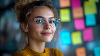 Young female professional wearing glasses and yellow sweater smiling confidently against colorful sticky notes background in modern office environment. Positive workplace concept.