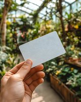 Hand holding blank white card in greenhouse with lush plants and flowers in background, mockup for garden center or plant shop branding.
