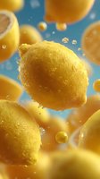 Fresh yellow lemons floating in air with water droplets against vibrant blue background, creating dynamic food composition for beverage advertising.