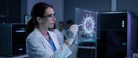Female scientist in lab coat examining holographic virus model on transparent digital display for medical research and biotechnology applications.
