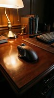 Ergonomic black mouse on polished wooden desk with brass lamp, keyboard, and books in warm office lighting. Professional workspace setup.