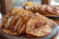 Crispy grilled tacos filled with melted cheese and meat, arranged in row on rustic plate. Golden-brown tortillas with charred edges showcase authentic Mexican street food style.