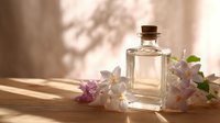 Elegant glass bottle with cork stopper surrounded by delicate pink and white flowers in soft natural light, creating serene spa atmosphere.