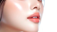 Close-up of Asian woman's face showing glossy coral lips and flawless porcelain skin with natural dewy finish makeup, side profile view against white background.
