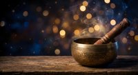 Tibetan singing bowl with wooden mallet on rustic table against magical bokeh background for meditation, sound therapy and spiritual wellness practices.