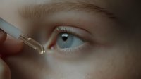 Close-up view of applying eye drops or serum with dropper, showing bright blue eye and soft skin texture in natural lighting. For medical or cosmetic advertising.