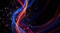 Abstract flowing energy waves with vibrant blue and orange light trails creating dynamic motion against dark background with sparkling particles.